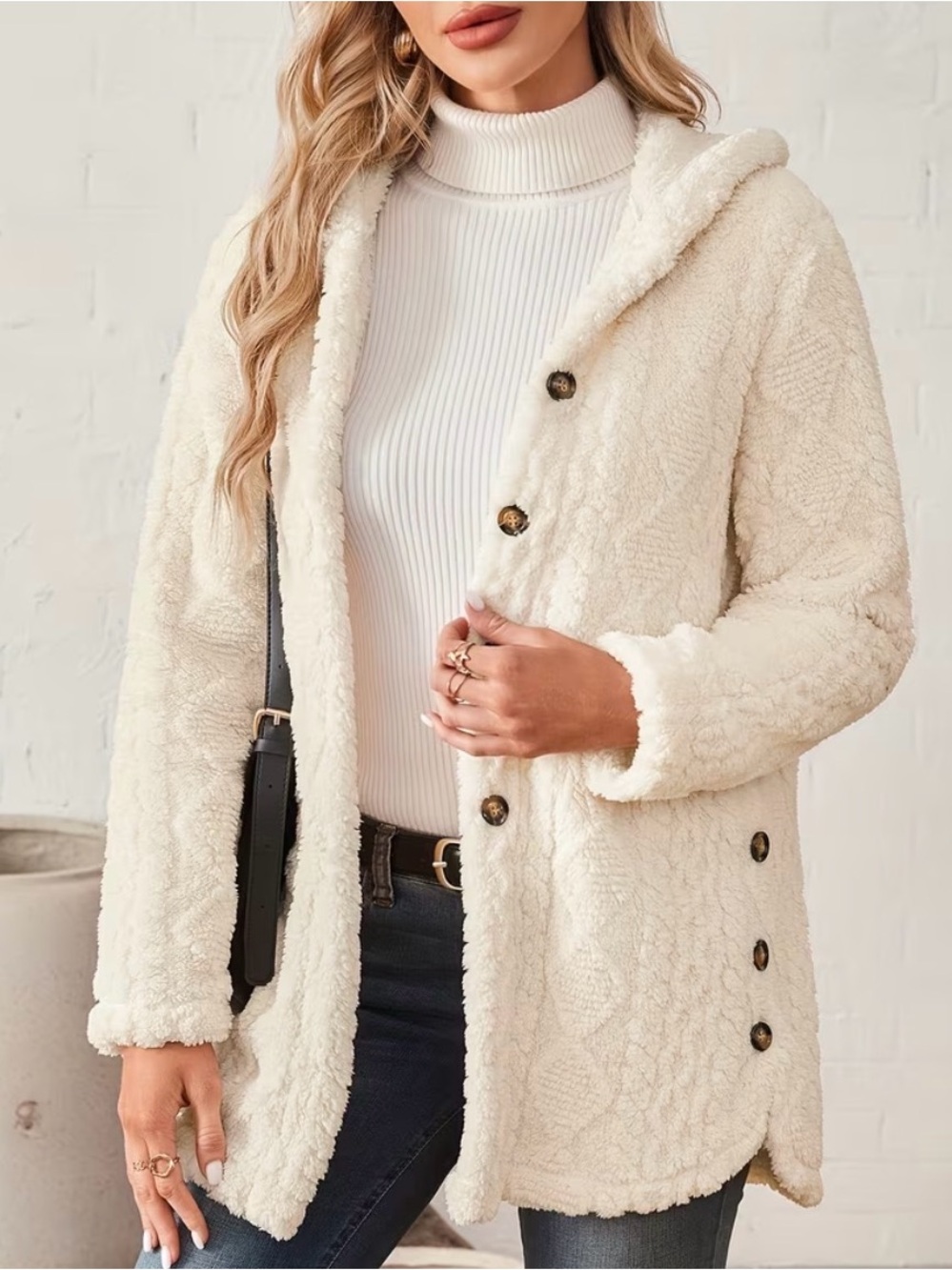 Women's Cream Sherpa Hood Teddy Jacket